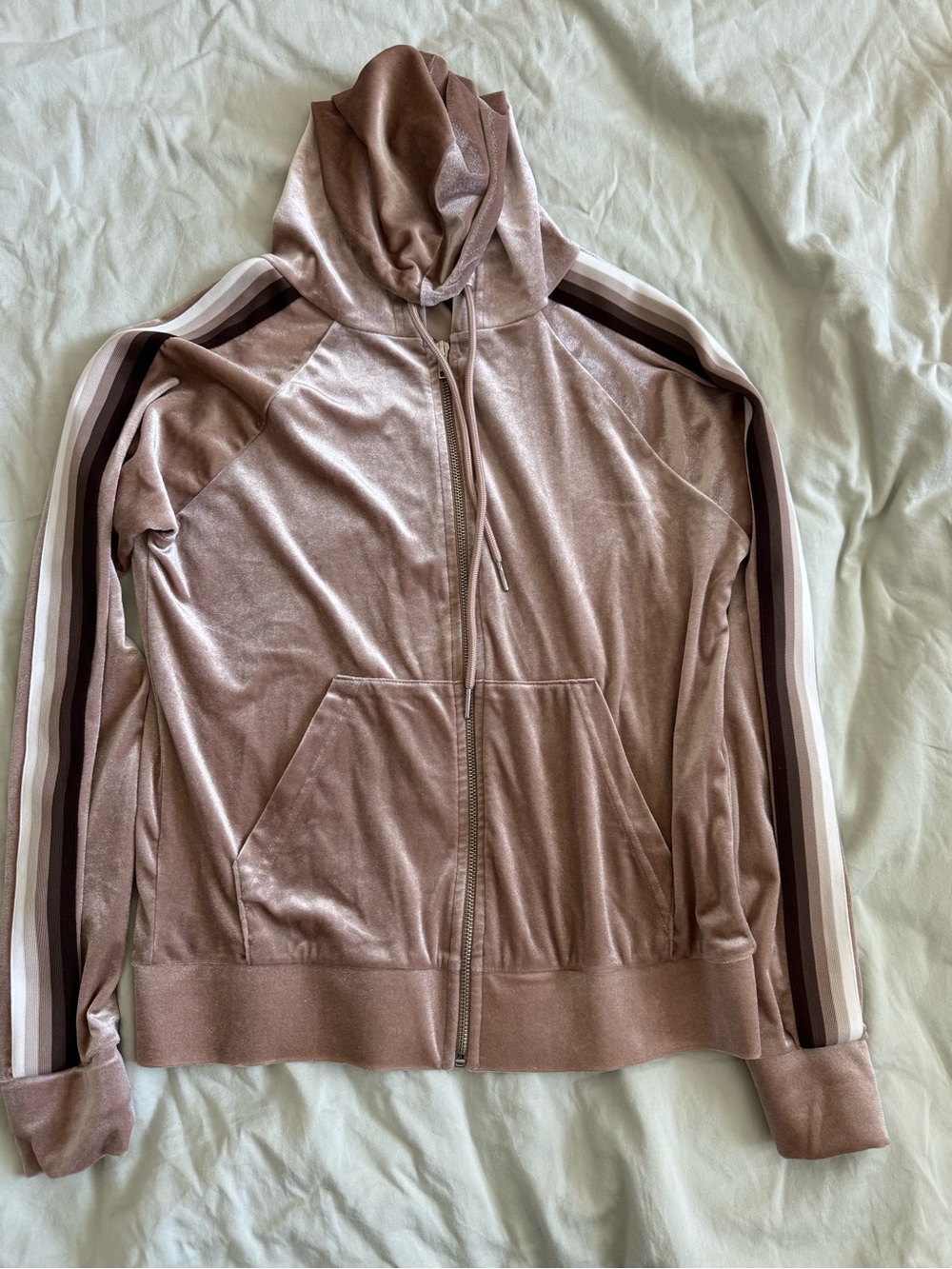 Forever 21 Mauve Velour Zip Hoodie with Striped Sleeves